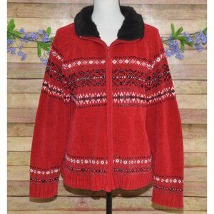 Carolyn Taylor Ladies Red Full Zip Faux Fur Fair Isle Sweater Cardigan Size XL